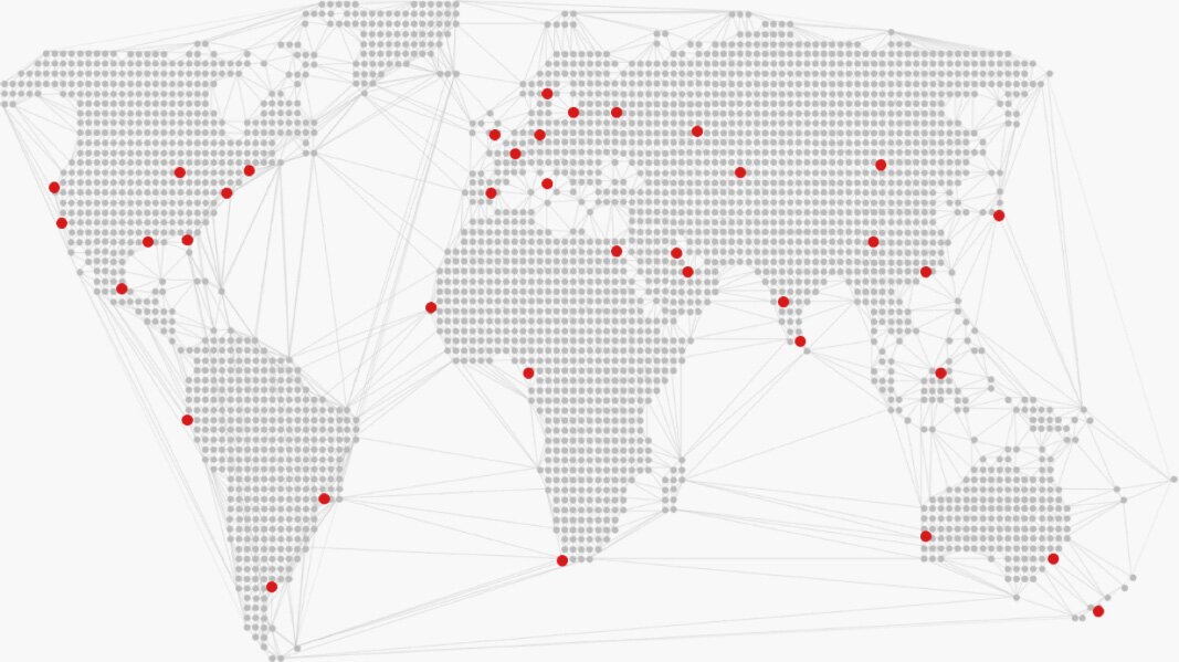 World map with red dots on specific locations.